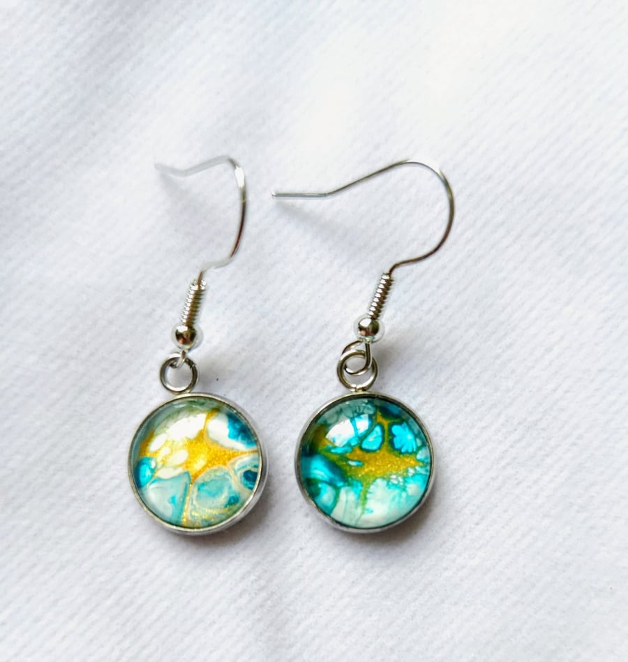 Blue, gold and white paint pour earrings 