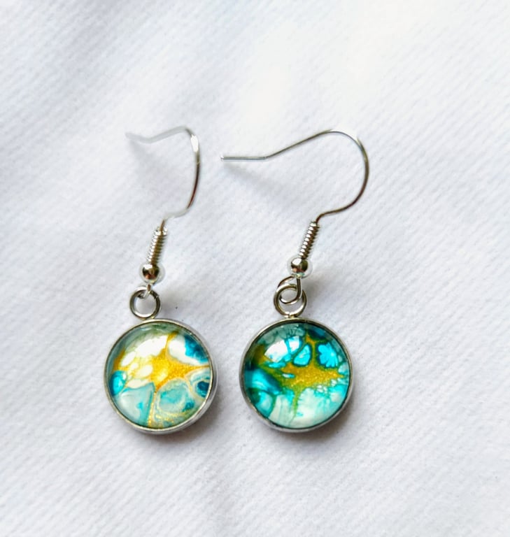 Blue, gold and white paint pour earrings 