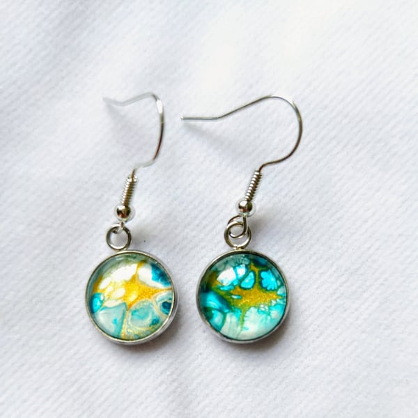 Blue, gold and white paint pour earrings 