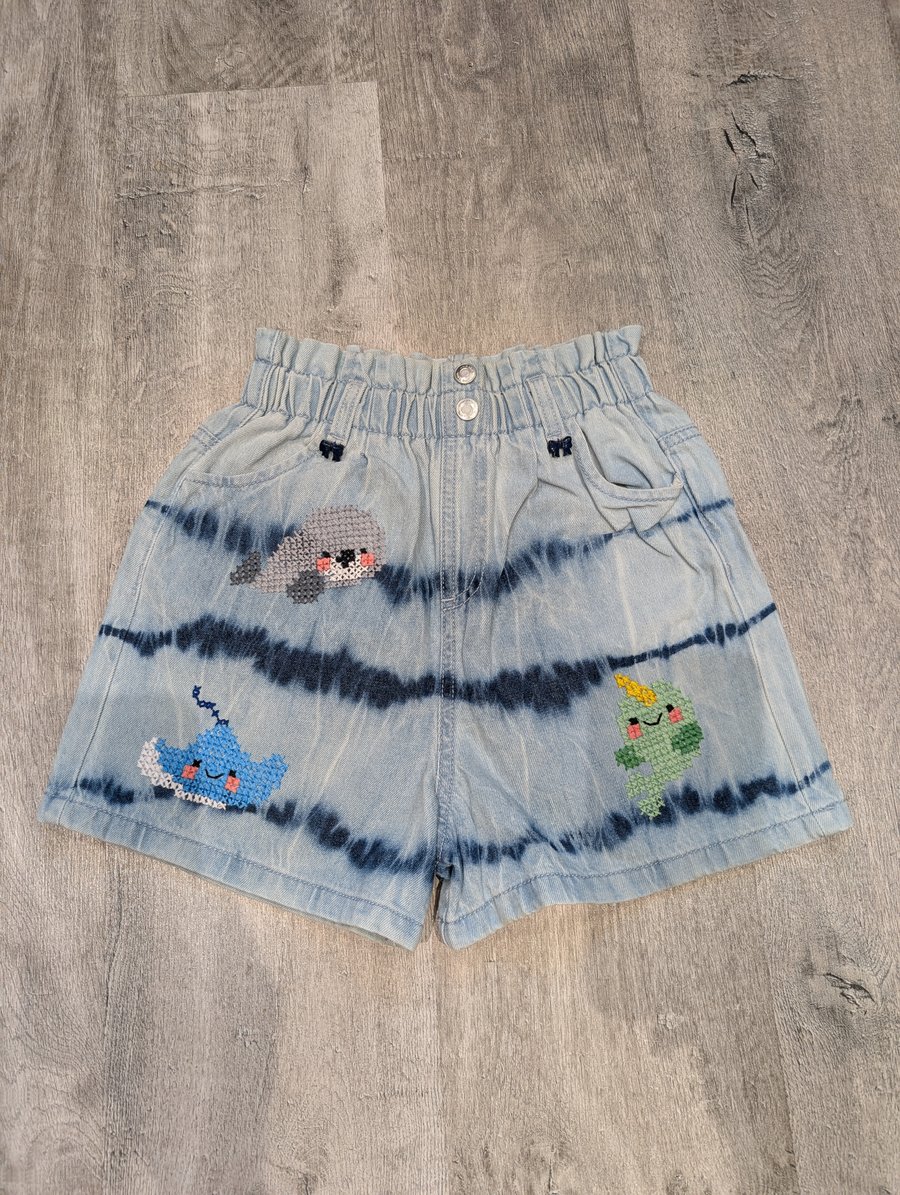 Upcycled Handstitched Aquatic Animal Shorts Age 10