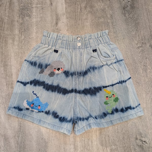 Upcycled Handstitched Aquatic Animal Shorts Age 10