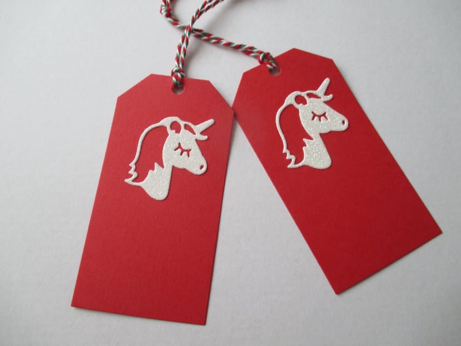 Gift Tag x 2 Unicorn Christmas Present Red White Glitter Green