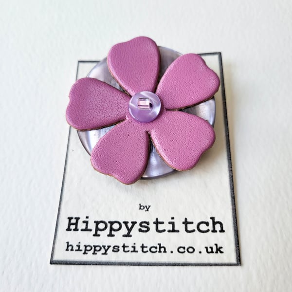 Pink Leather Flower & Lilac Button Brooch 