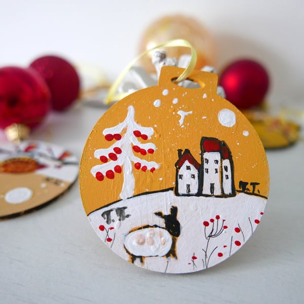 Yellow Christmas Bauble, Winter Tree, Cottage, Sheep Illustration