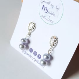 Handmade Cornflower Lilac-Blue Genuine Freshwater Pearl Filigree Stud Earrings