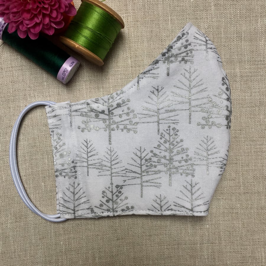 SALE Reusable Silver Christmas Trees White Cotton Fabric Face Mask Adult Child 