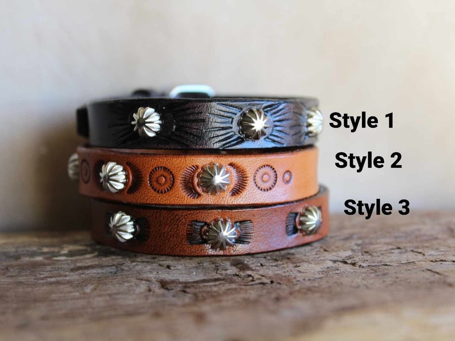 Custom Leather Bracelet with Spike Button Rivets and Stamped Details, Leather Br