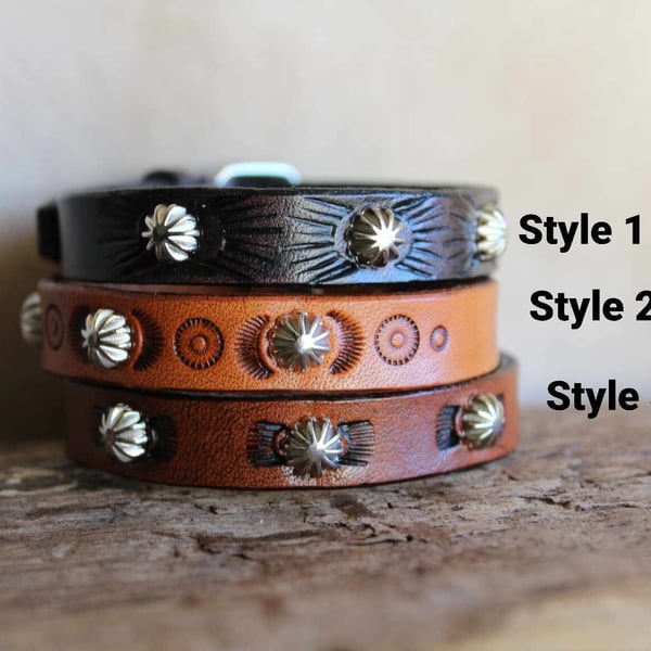 Custom Leather Bracelet with Spike Button Rivets and Stamped Details, Leather Br