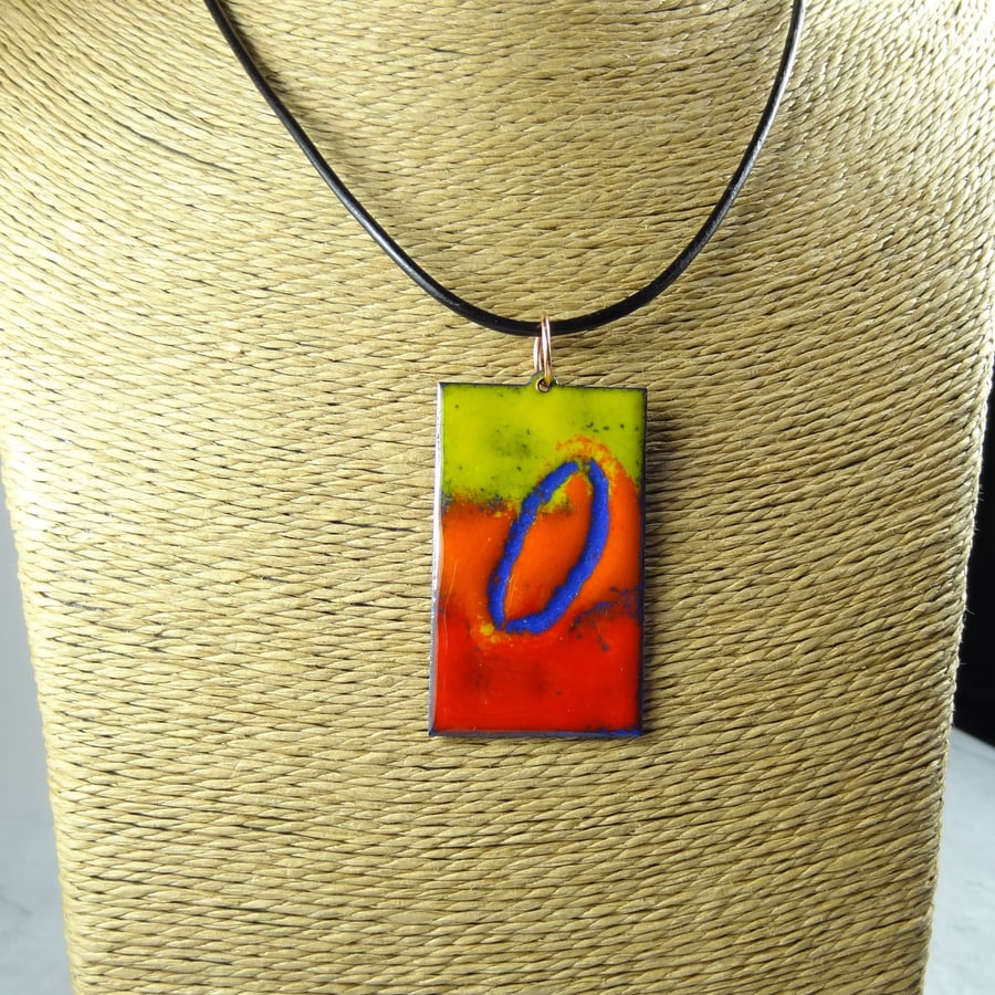 Yellow orange red glass enamelled copper pendant on leather cord 47x29mm (0114)