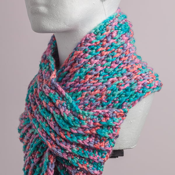 Lovely cosy ribbed cowl in colour coral reef