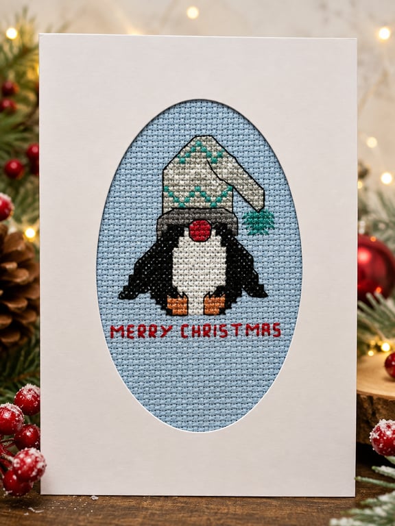 Handmade Cross Stitch Penguin Christmas Card – Merry Christmas
