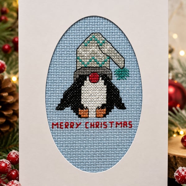 Handmade Cross Stitch Penguin Christmas Card – Merry Christmas