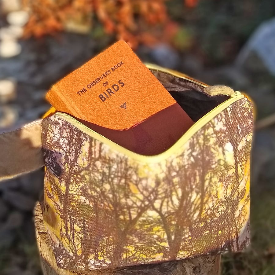 Linen zip pouch with woodland design