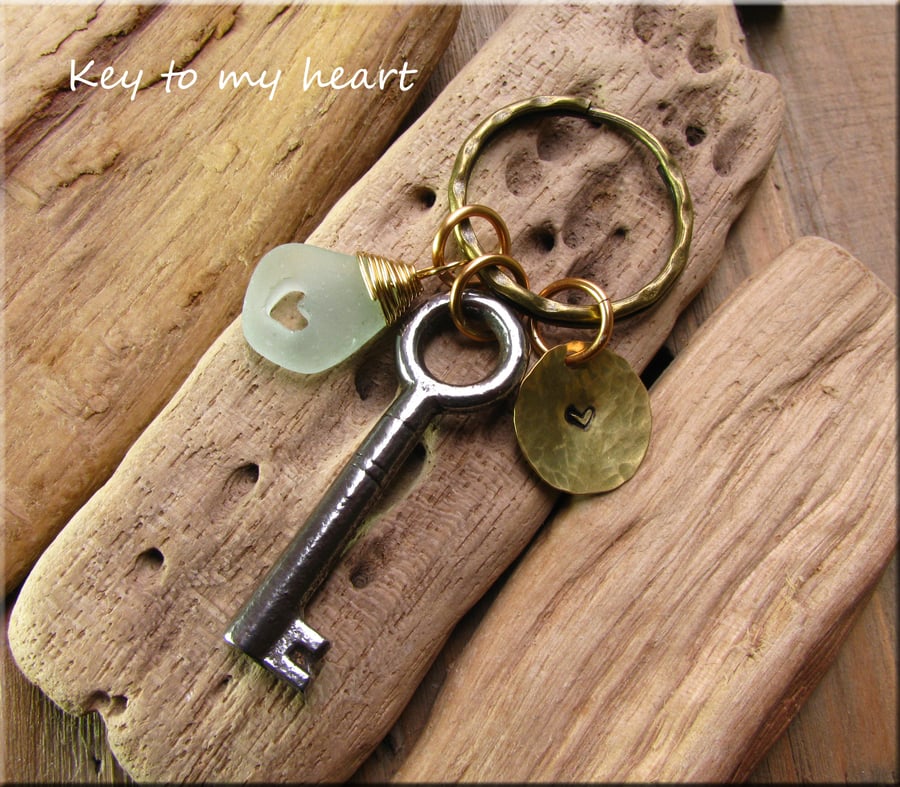 Natural sea glass, heart & key brass keyring