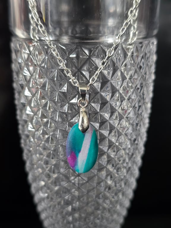 Polymer teal and purple small oval necklace on a silver plated chain