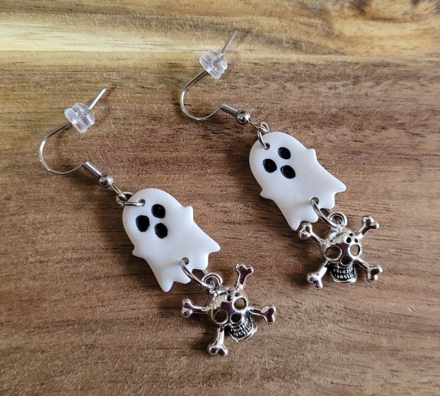 Polymer Clay Halloween Ghost Skull & Crossbones Earrings. 316 Stainless