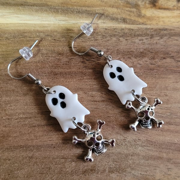 Polymer Clay Halloween Ghost Skull & Crossbones Earrings. 316 Stainless