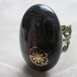 Handmade dichroic glass cabochon filigree ring - steel with clematis