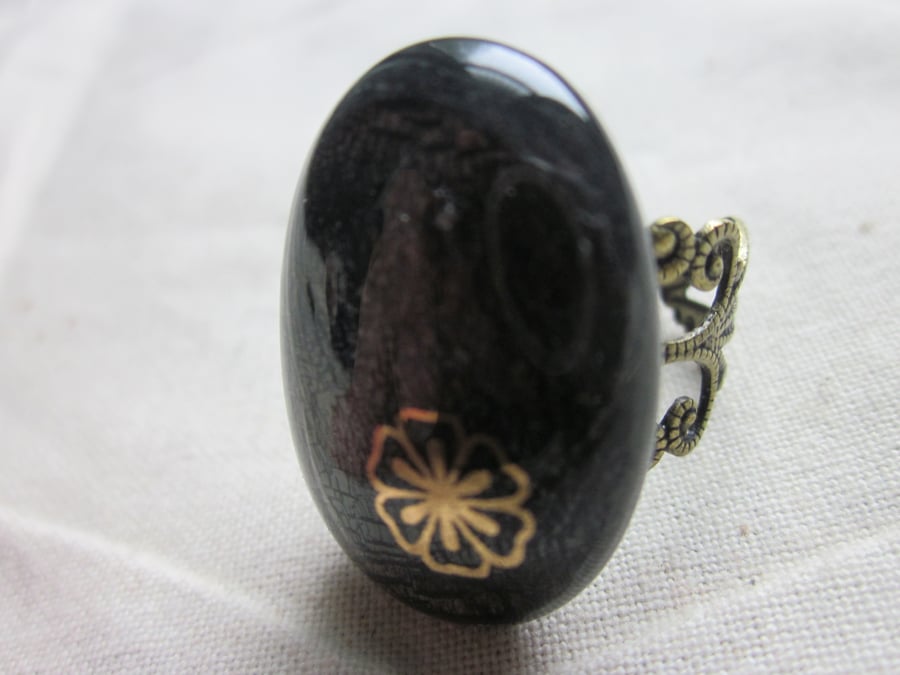 Handmade dichroic glass cabochon filigree ring - steel with clematis