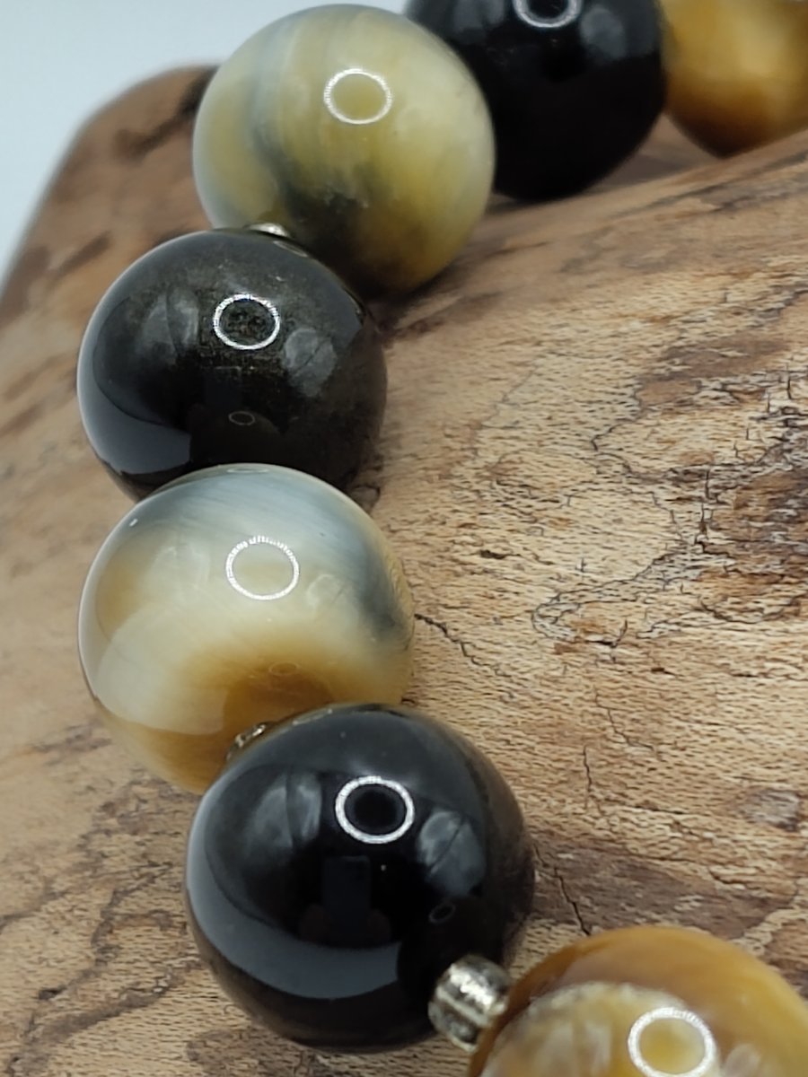 Saturn Cruise. Gold and Blue Tigereye, Golden Sheen Obsidian Stone Bracelet