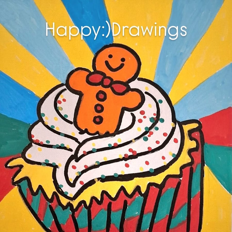 Gingerbread Man Cupcake Original Drawing Painting Acrylics OOAK :)
