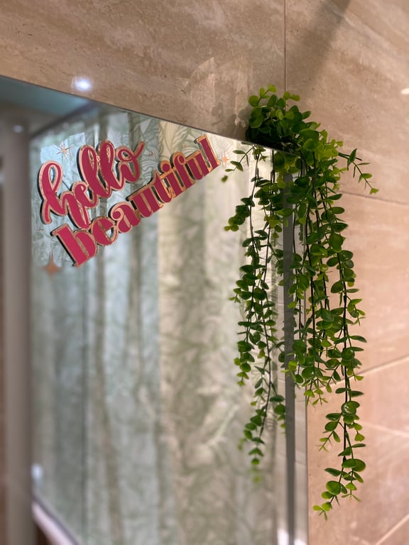 Hand cut ‘hello beautiful’ vinyl for mirrors mirror art bathroom