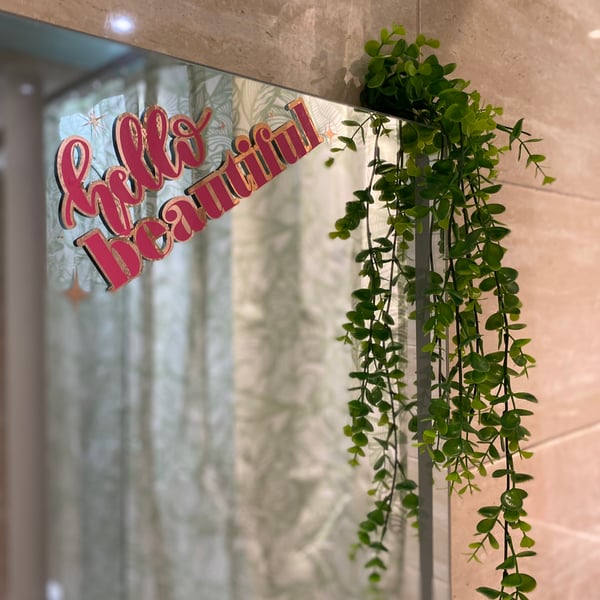 Hand cut ‘hello beautiful’ vinyl for mirrors mirror art bathroom