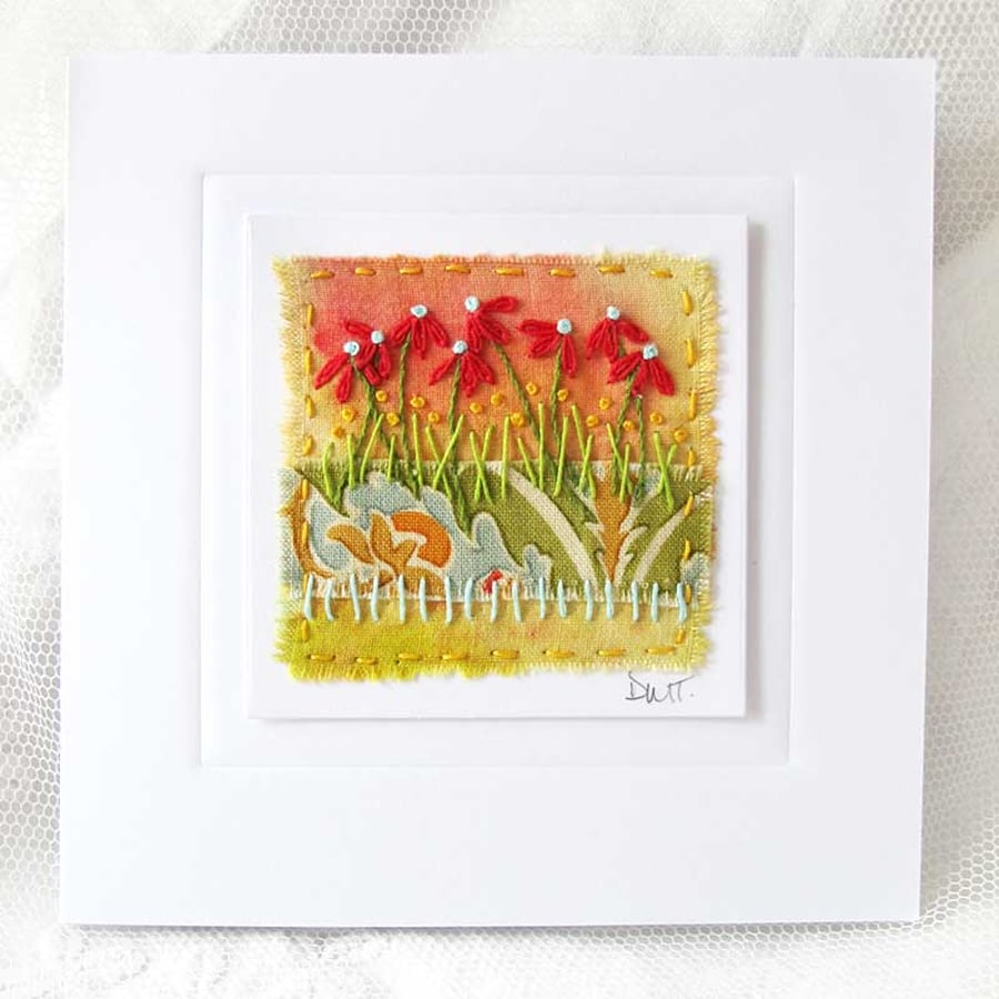 HAND EMBROIDERED GREETING CARD SUMMER GARDEN VOYSEY