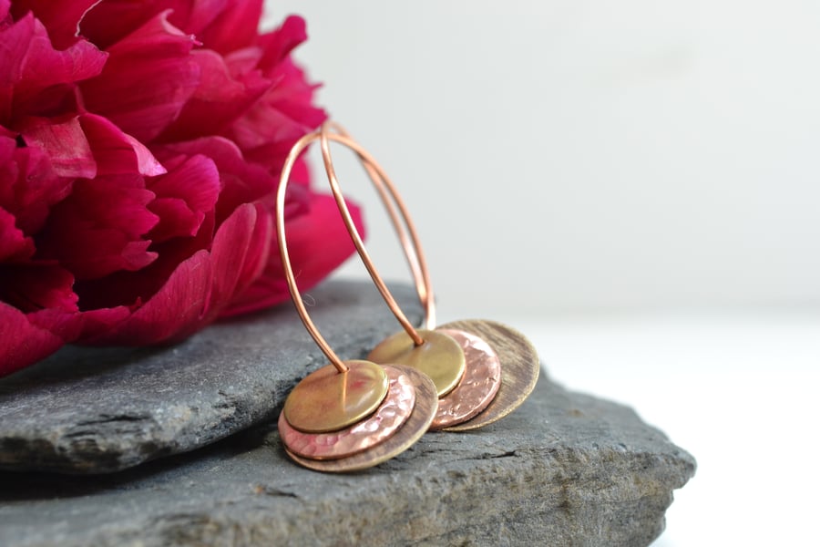Copper textured disk earrings with Sterling Silver hoops