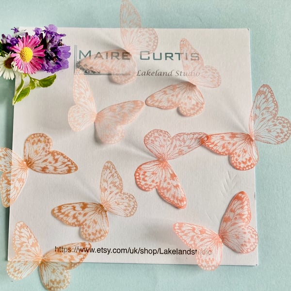 Hand printed silk butterflies in shades of orange