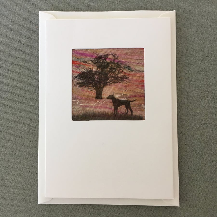Greeting card, print on hand made silk paper, tree and dog silhouette 
