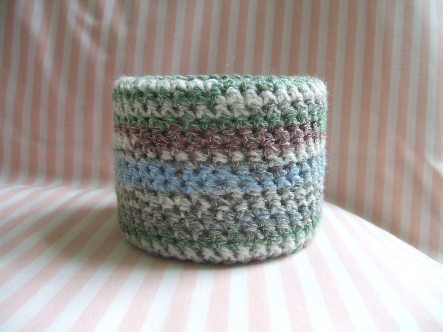 crochet covered recycled storage pot - natural coastal colours