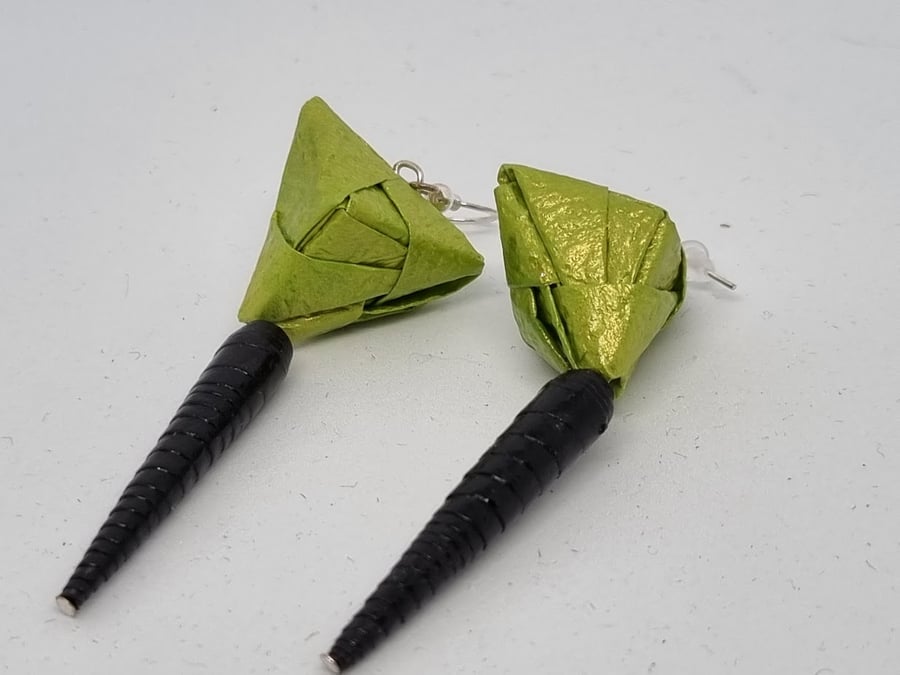 Lime green pearlescent and black paper earrings 