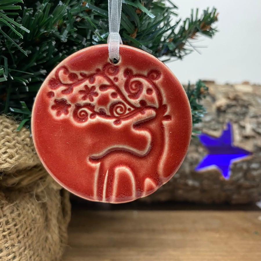 Red Ceramic stag Christmas decoration