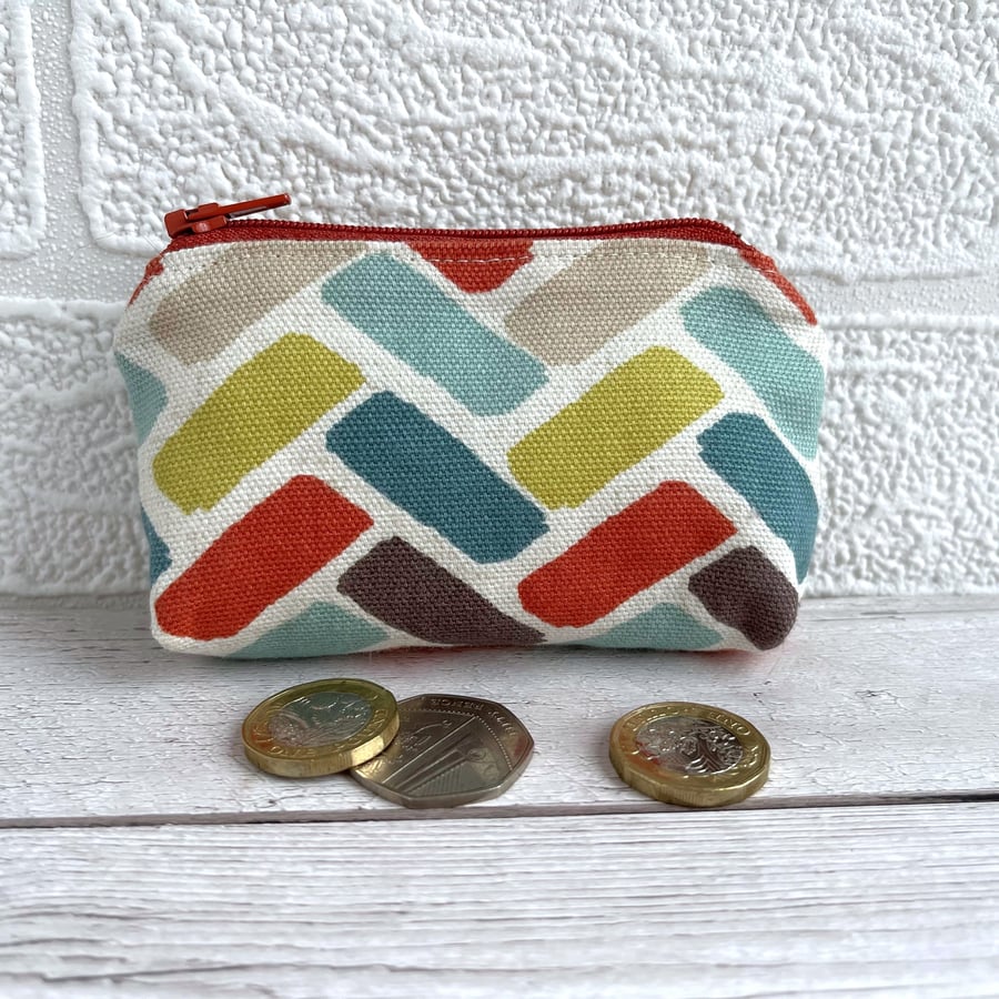 Geometric Coin Purse, Small Purse in Terracotta, Turquoise and Lime