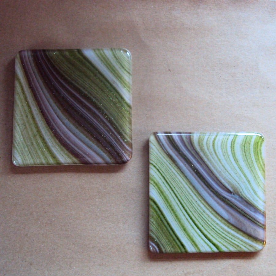 Sparkly green and brown glass coasters