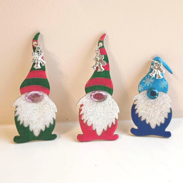 Large Christmas Gonk Brooch With Charm: Wood Hand Decorated Brooch Pin, Unisex 