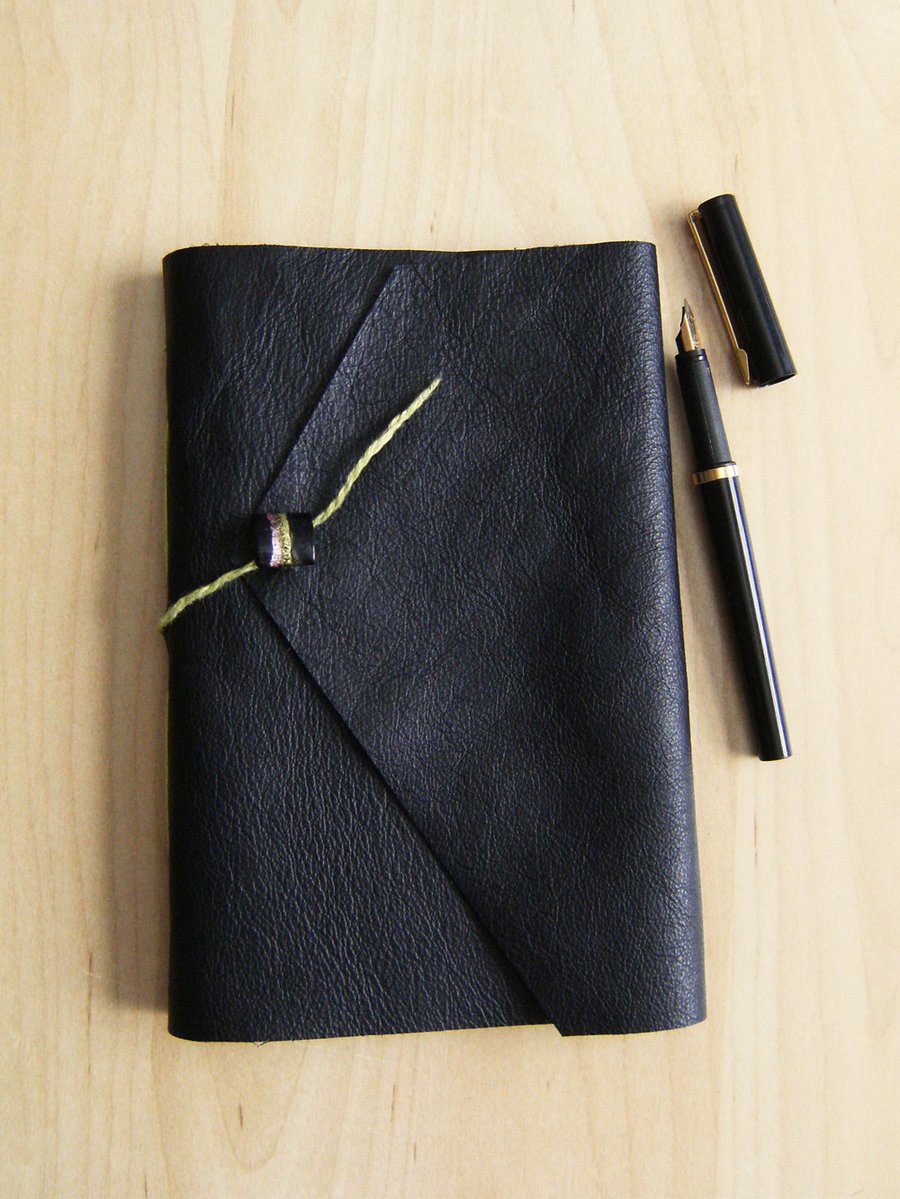 Black Leather Journal Notebook with Glass Button