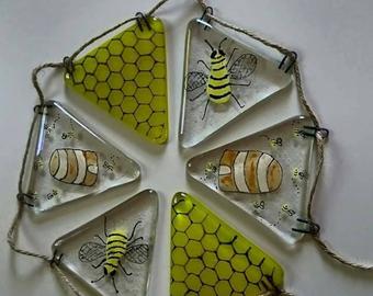 Bee and Bee Hive Fused Glass Bunting, Handmade, Bee lover, bee hive, bee keeper,