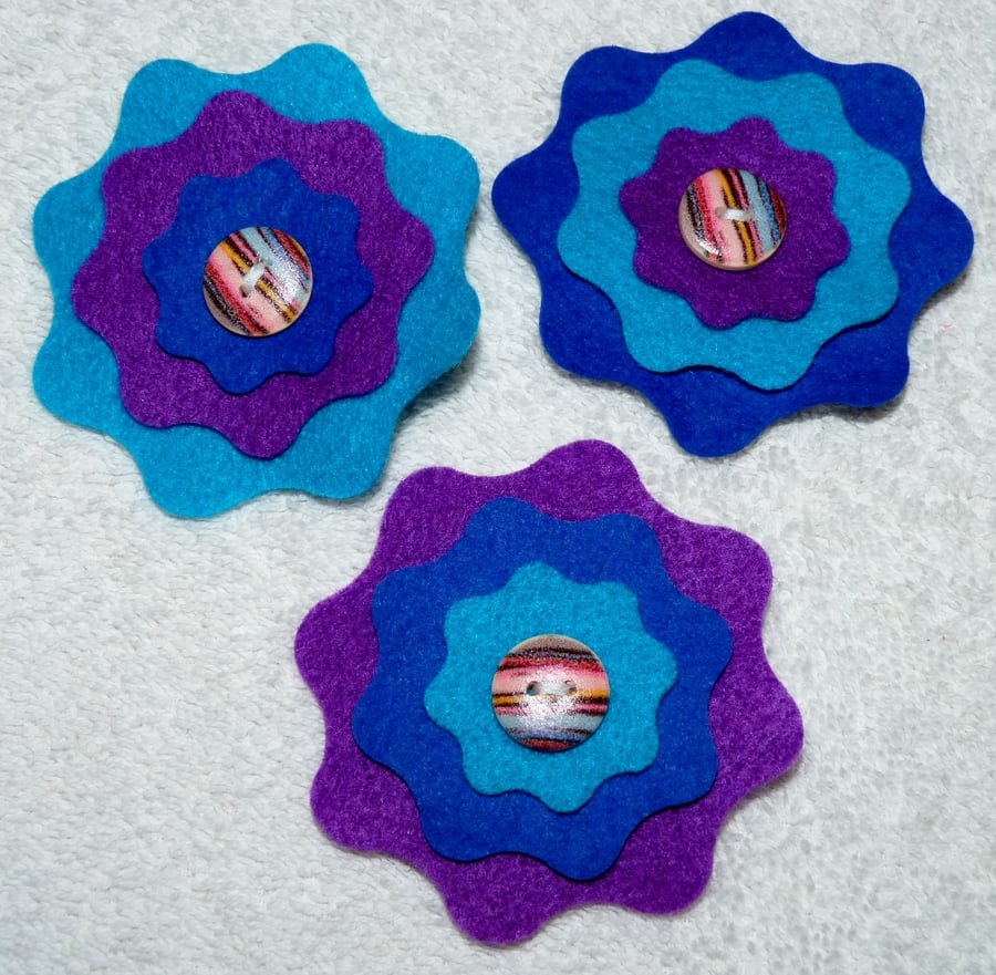Felt Corsage in  Blue and Purple with Wooden Button