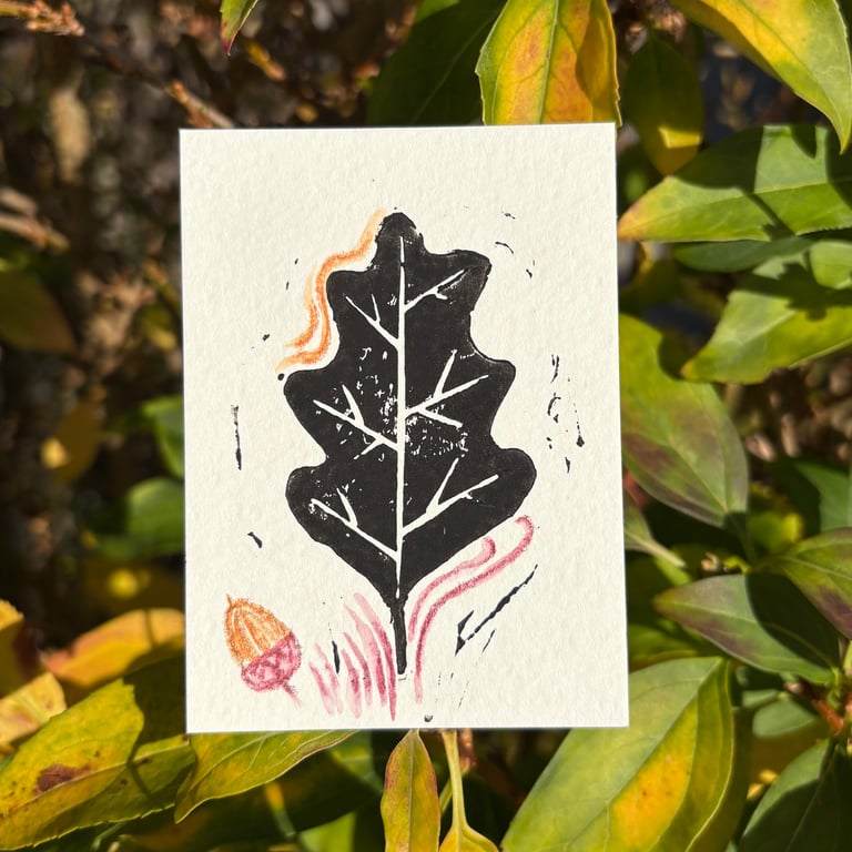 ACEO Original Lino Print Mixed Media Oak Leaf Miniature Artwork 4 of 4