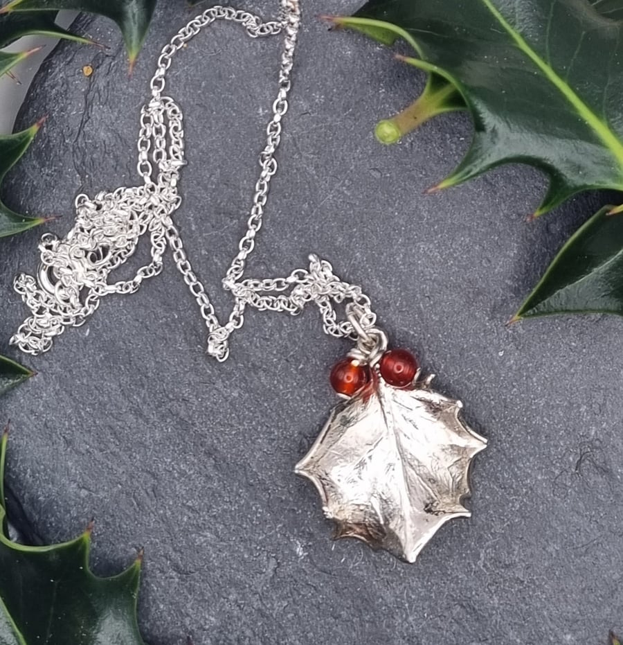Real Holly leaf preserved in silver pendant necklace