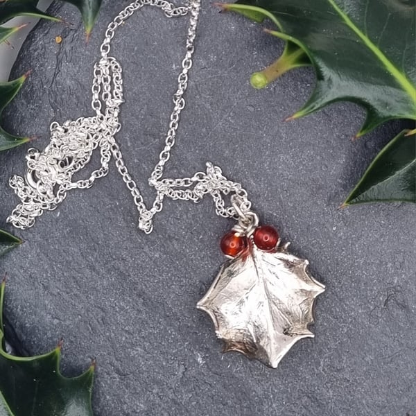 Real Holly leaf preserved in silver pendant necklace