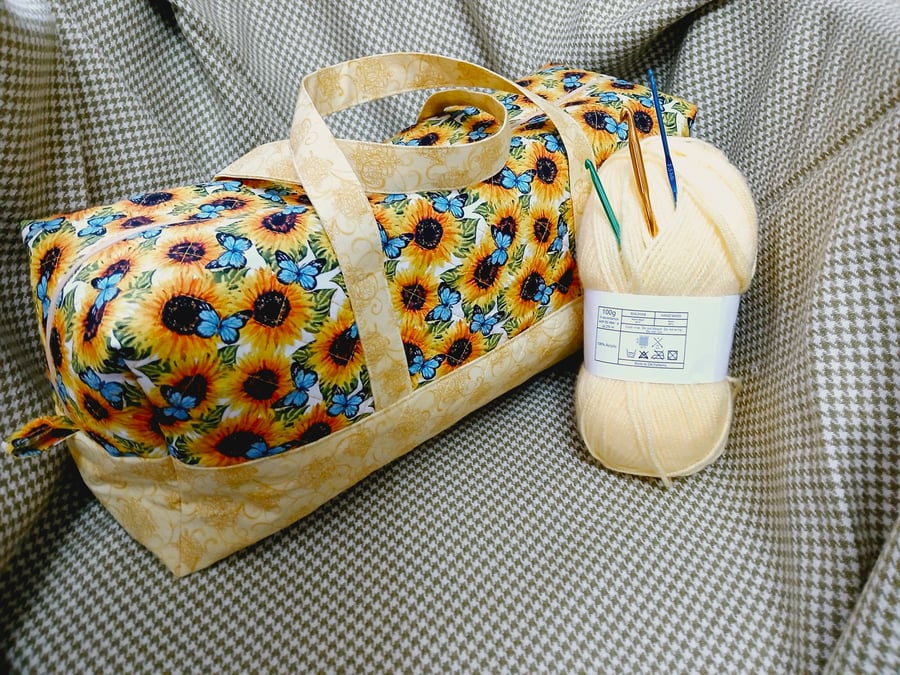 Bag, Sunflowers and Butterflies, handles, quilted  bag for, knitting ,Crochet, 