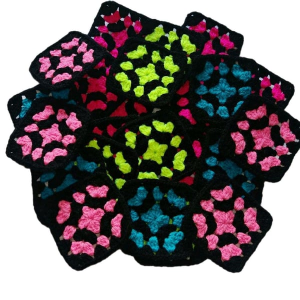 Handmade Neon Crochet Granny Squares, 3-Inch Boho Patch Set