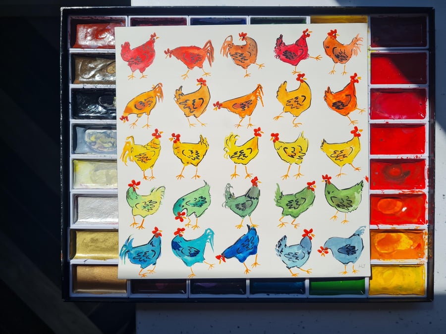 Whimsical Rainbow Chickens, Hand-Painted original artwork