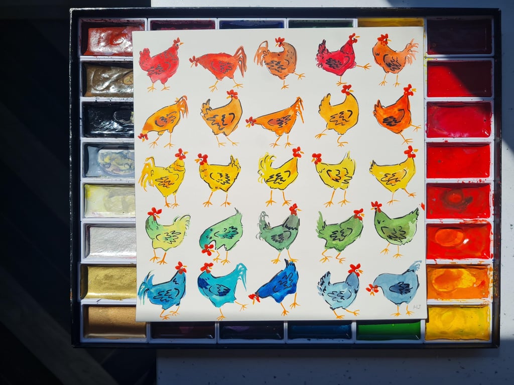 Whimsical Rainbow Chickens, Hand-Painted original artwork