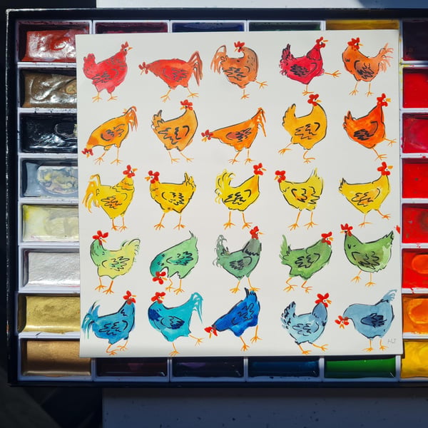Whimsical Rainbow Chickens, Hand-Painted original artwork