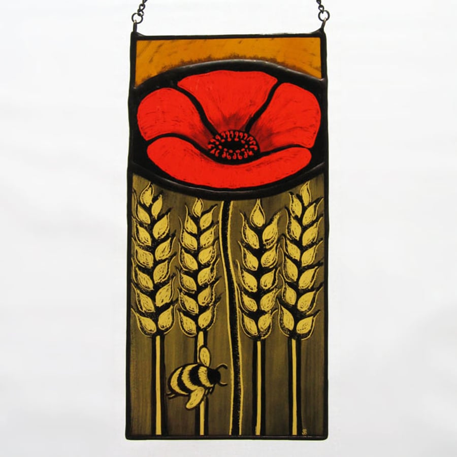 Poppy & Bumble Bee Stained Glass Panel