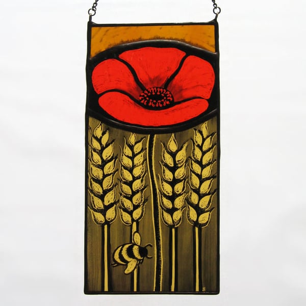 Poppy & Bumble Bee Stained Glass Panel